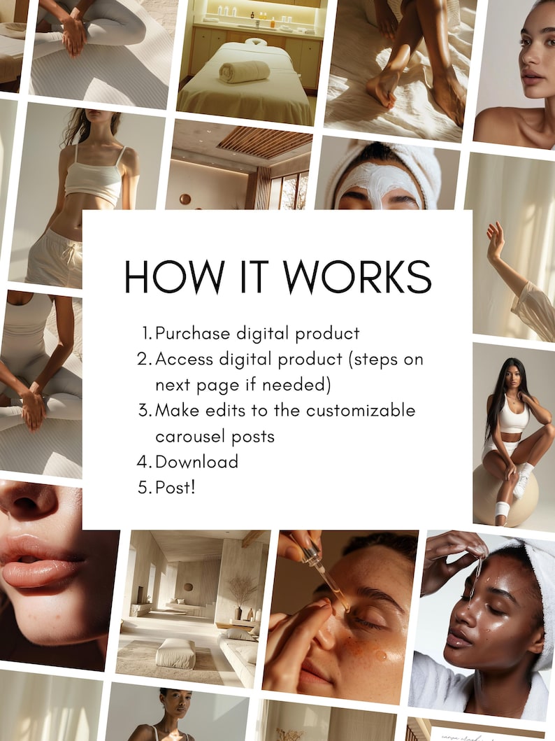 May include: A collage of images with the text "HOW IT WORKS" and numbered steps: Purchase, Access, Edit, Download, and Post. The images depict spa and wellness themes, including skincare, relaxation, and digital product usage.