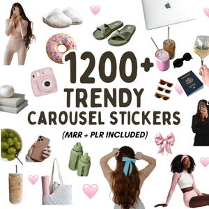 Op de afbeelding: Een digitale collectie van 1200+ trendy carrouselstickers met diverse lifestyle-iconen, waaronder een roze camera, groene slippers, een donut, een laptop, een paspoort, een wijnglas, een draagtas, een haarstrik en diverse drankverpakkingen.