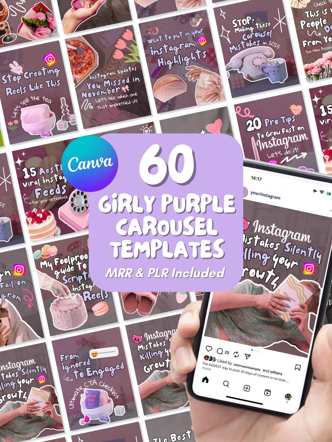 Girly Aesthetic Instagram Carousel Templates: MRR PLR Social Media ...
