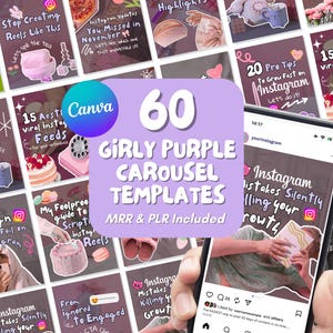 May include: A set of 60 Girly Purple Carousel Templates for Instagram, featuring the Canva logo. The templates use pastel colours and text overlays, providing advice on Instagram Reels, highlights, and growth strategies.