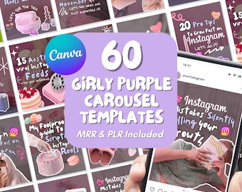 Girly Aesthetic Instagram Carousel Templates: MRR PLR Social Media Manager Kit, Digital Products, Pink Purple TikTok Slideshow Images Canva