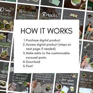 May include: A collage of Instagram-themed graphics with text. The central image reads "HOW IT WORKS" with numbered steps for purchasing and editing digital products. Other graphics include text like "15 Aesthetic Viral Instagram Feeds" and "8 Hacks to Sell Anything."