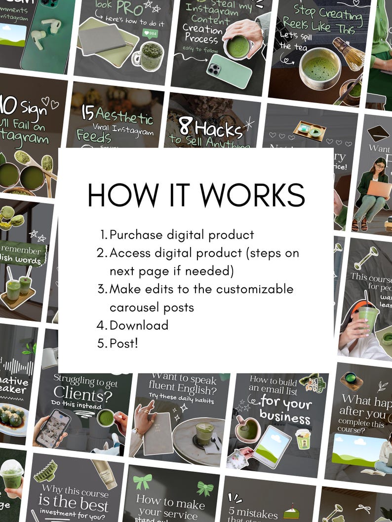 May include: A collage of Instagram-themed graphics with text. The central image reads "HOW IT WORKS" with numbered steps for purchasing and editing digital products. Other graphics include text like "15 Aesthetic Viral Instagram Feeds" and "8 Hacks to Sell Anything."