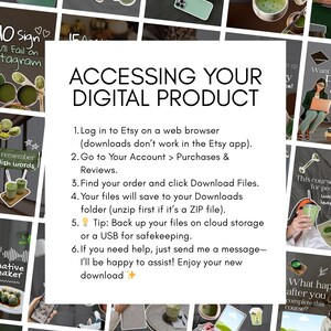 May include: A digital product guide with the title "ACCESSING YOUR DIGITAL PRODUCT." The image includes instructions on how to download files from Etsy, with supporting graphics and text. The background features various related images.
