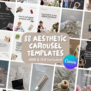 Könnte beinhalten: Eine Collage von Bildern mit Text, darunter "88 Aesthetic Carousel Templates" und "Canva". Die Bilder zeigen digitales Produktmarketing mit Grafiken und Textüberlagerungen. Das Gesamtthema ist die Erstellung und Förderung digitaler Produkte.