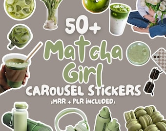 Matcha Canva Stickers: Social Media Carousels, MRR PLR (Instant Digital Download), Green Matcha Girl Carousel Stickers for Instagram