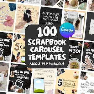 Pode incluir: Uma maquete de produto digital com 100 modelos de carrossel de scrapbook. O design inclui exemplos de posts de mídia social, a marca Canva e texto como "Automatize suas mídias sociais agora!" e "Melhores plataformas para vender produtos digitais."