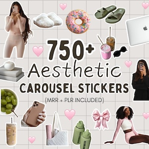 May include: A digital collage featuring 750+ Aesthetic CAROUSEL STICKERS (MRR + PLR INCLUDED) text surrounded by images of a person in a pink outfit, white slippers, a pink frosted donut, green slides, a laptop, drinks, sunglasses, grapes, a phone, a tote bag, bottles, a pink bow, and a person in athletic wear.
