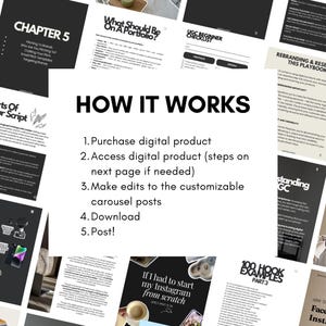 May include: A digital marketing guide with the title "HOW IT WORKS" and numbered steps. The guide includes the steps: Purchase, Access, Edit, Download, and Post. Surrounding pages have titles like "Chapter 5" and "UGC Beginner Checklist."