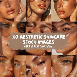 Pode incluir: Uma colagem de nove imagens com retratos em close-up de pessoas com pele radiante e orvalhada. As imagens mostram uma variedade de tons de pele e traços faciais, com foco em complexões brilhantes. O texto em uma faixa marrom diz "50 Aesthetic Skincare Stock Images MRR & PLR Included."