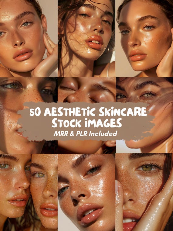 Glowy Skincare Face Portraits, Skincare Stock Photo Images for Beauty Brands, Social Media Carousel, Royalty Free Digital Product MRR PLR AI
