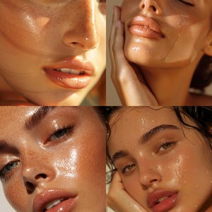 May include: A collage of four close-up shots of faces with dewy skin. The skin has a radiant, glowing appearance, with visible freckles and full lips. The lighting creates highlights and shadows, enhancing the skin's texture and features.
