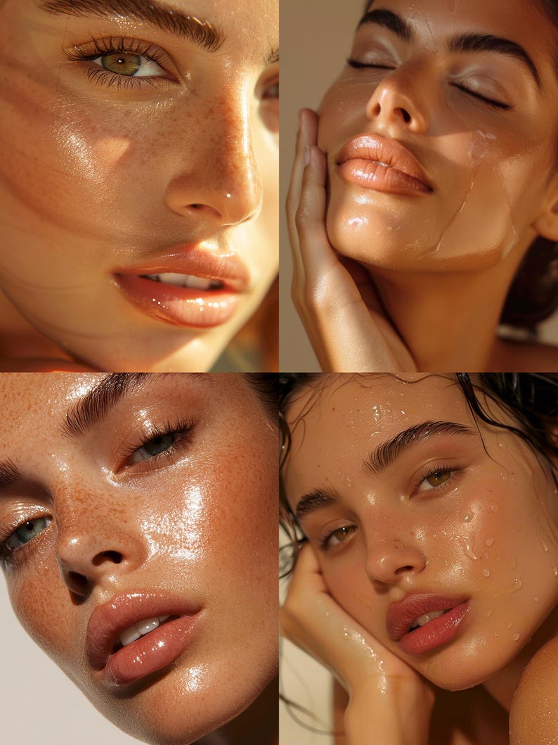 May include: A collage of four close-up shots of faces with dewy skin. The skin has a radiant, glowing appearance, with visible freckles and full lips. The lighting creates highlights and shadows, enhancing the skin's texture and features.