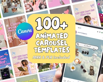 Animated Instagram Carousel Templates: MRR PLR Social Media Manager Kit, Digital Products Trendy TikTok Slideshow PNGs Editable Canva