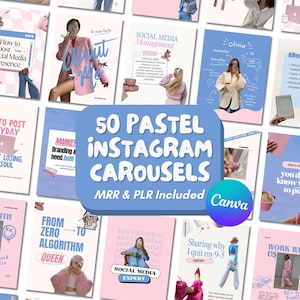 Può includere: Una collezione di 50 modelli di carosello Instagram pastello. Il design presenta una combinazione di colori azzurro chiaro e rosa con varie grafiche e testo, tra cui "Social Media Expert" e il marchio "Canva". Il tema è il social media marketing e il branding.
