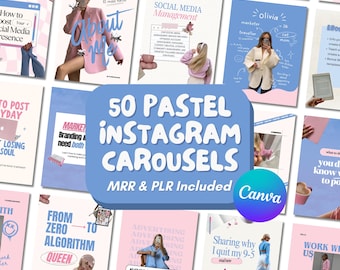 Pastel Aesthetic Instagram Carousel Templates: MRR PLR Social Media Manager Kit, Digital Products, Edit In Canva with Master Resell Rights