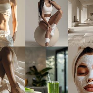 May include: A collage of images featuring wellness and lifestyle themes. One image shows a woman in a white sports bra and shorts. Another shows a green smoothie in a glass. Other images include a woman with a face mask and a minimalist interior.