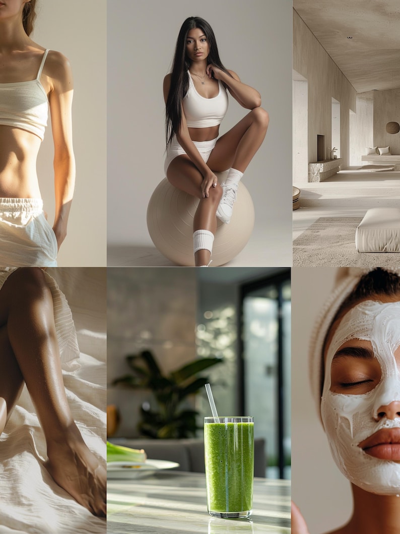 May include: A collage of images featuring wellness and lifestyle themes. One image shows a woman in a white sports bra and shorts. Another shows a green smoothie in a glass. Other images include a woman with a face mask and a minimalist interior.