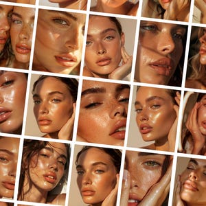 May include: A collage of close-up portraits of women with radiant skin and freckles. The images feature a warm, golden glow, highlighting the models' features. The overall aesthetic is soft and natural, emphasizing the beauty of the skin.