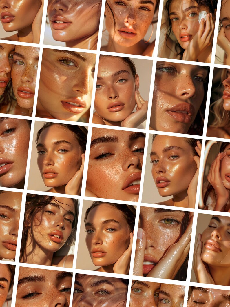 May include: A collage of close-up portraits of women with radiant skin and freckles. The images feature a warm, golden glow, highlighting the models' features. The overall aesthetic is soft and natural, emphasizing the beauty of the skin.