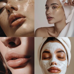 May include: A collage of four images showcasing skincare and beauty treatments. Close-ups of faces with glowing skin, applying serum, and wearing a white face mask. The images highlight skincare routines and products.