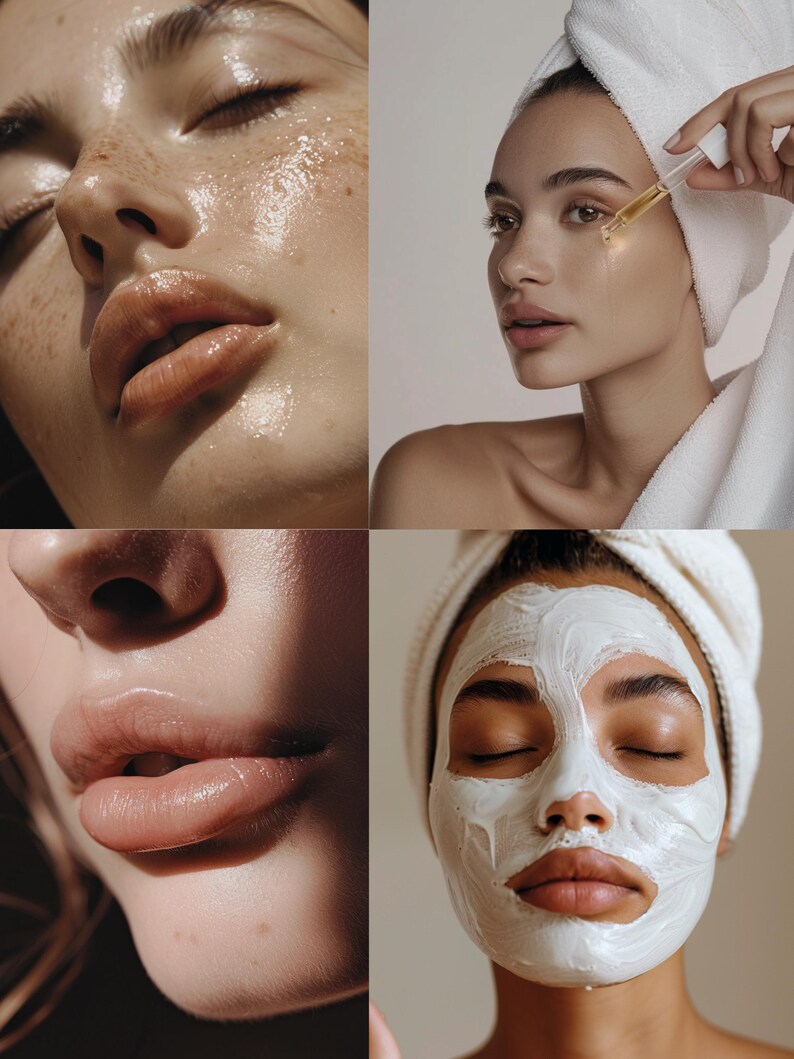 May include: A collage of four images showcasing skincare and beauty treatments. Close-ups of faces with glowing skin, applying serum, and wearing a white face mask. The images highlight skincare routines and products.