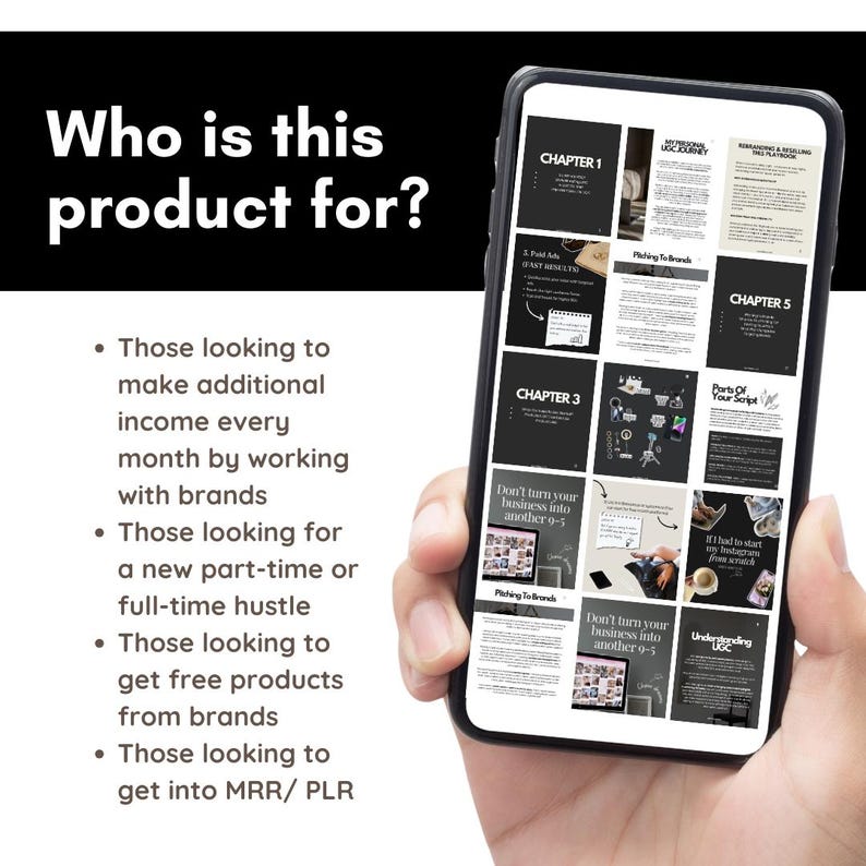May include: A smartphone displays a digital document with the title "My Personal UGC Journey" and other chapters. The screen is held in a hand, with text on the screen and in the background that reads "Who is this product for?"