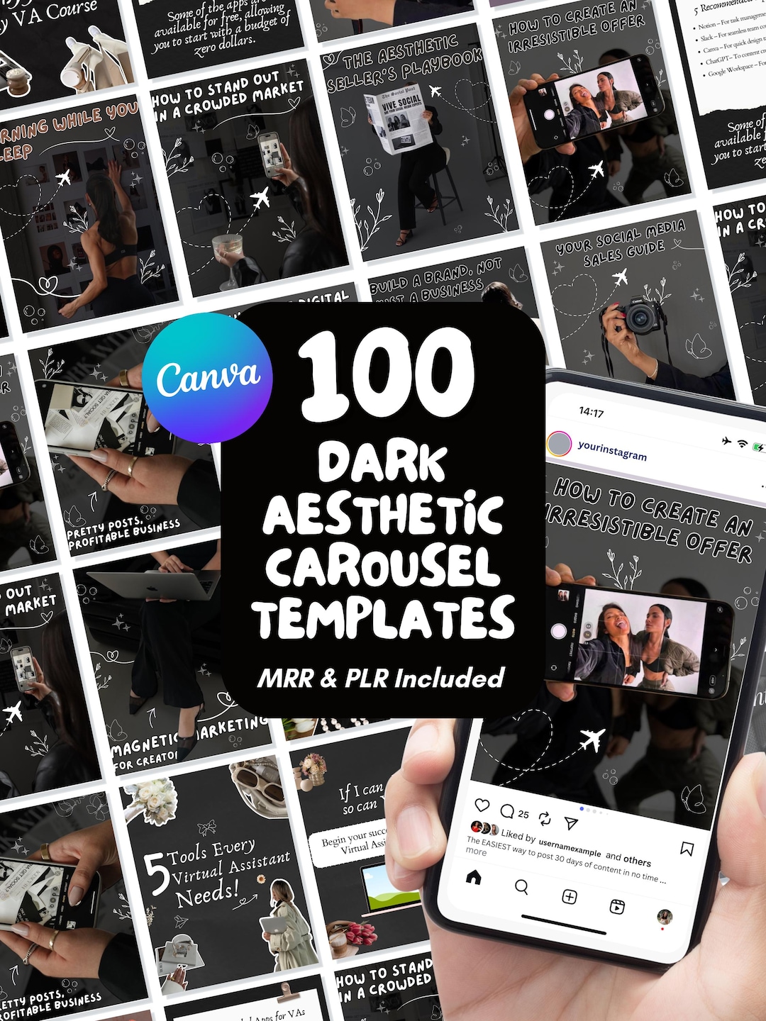 Dark Aesthetic Instagram Carousel Templates: MRR PLR Social Media ...