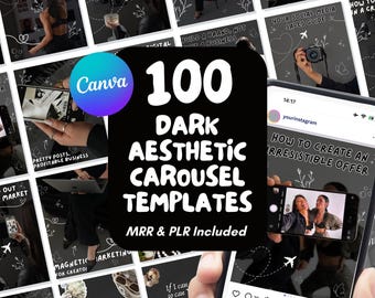 Dark Aesthetic Instagram Carousel Templates: MRR PLR Social Media Manager Kit, Digital Products Black TikTok Slideshow PNGs Editable Canva