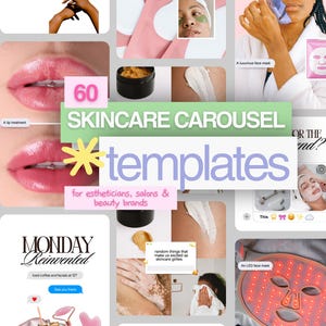 May include: A collection of 60 skincare carousel templates for estheticians, salons, and beauty brands. The collage features various skincare products, including under-eye patches, a purple face mask, lip treatments, an LED face mask, and tools.