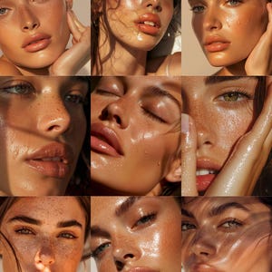 May include: A collage of nine close-up portraits of women with glowing skin and dewy makeup. The women have freckles, full lips, and various eye colors. The lighting creates a radiant, highlighted effect, emphasizing the skin's texture and the makeup's sheen.