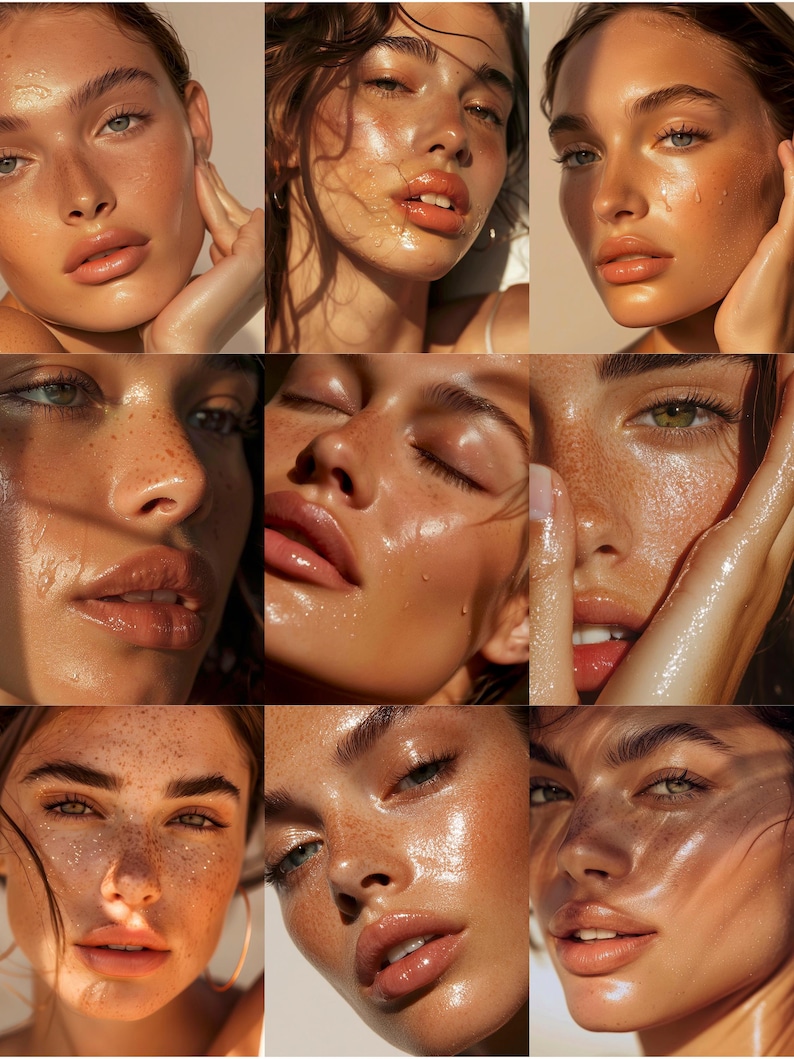 May include: A collage of nine close-up portraits of women with glowing skin and dewy makeup. The women have freckles, full lips, and various eye colors. The lighting creates a radiant, highlighted effect, emphasizing the skin's texture and the makeup's sheen.