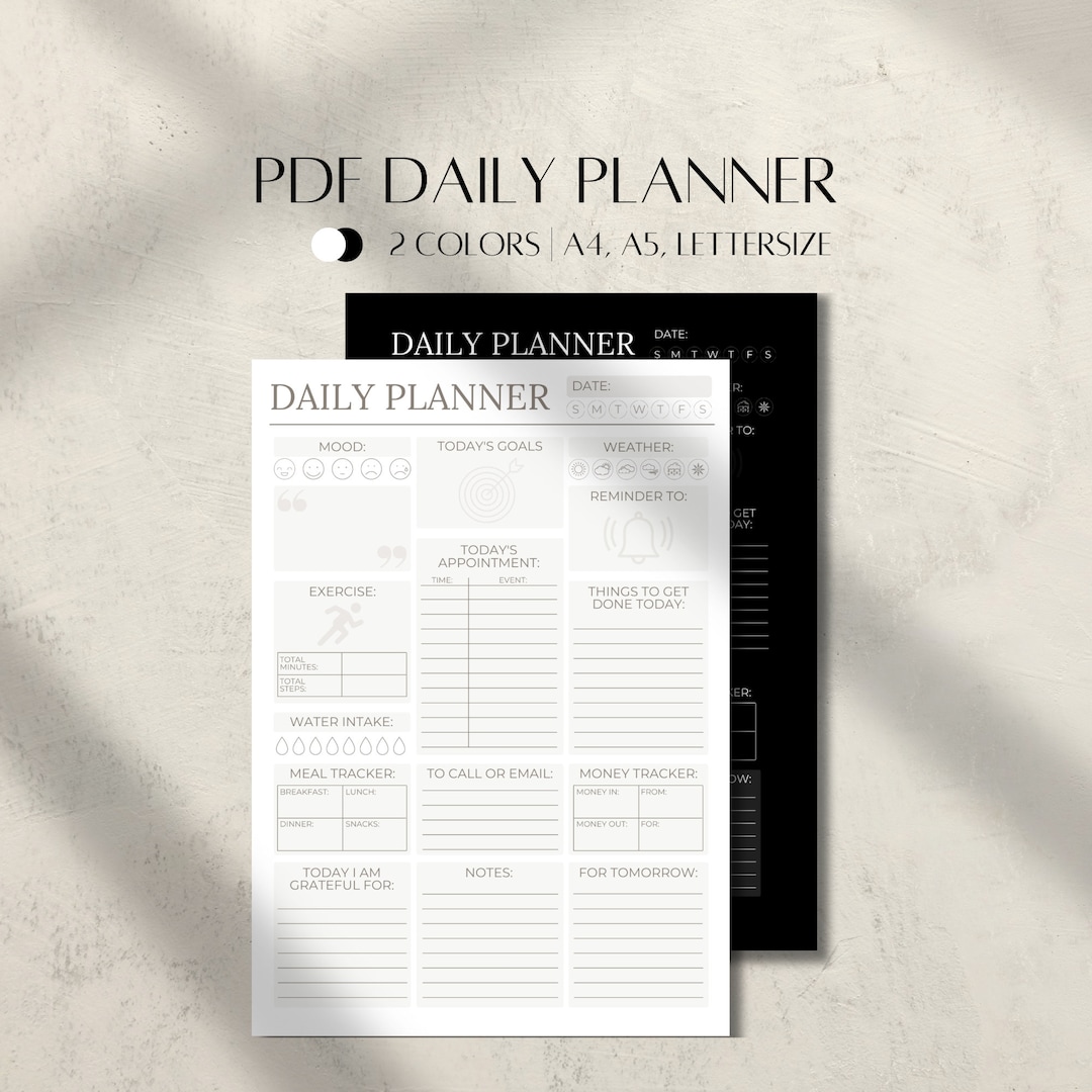 Printable Daily Planner, One Page PDF File, Daily Mood Tracker, Goal ...