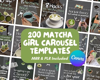 200 Matcha It Girl Instagram Carousel Templates: MRR PLR Canva Social Media Manager Kit, Digital Product Resell Rights, Personalize In Canva