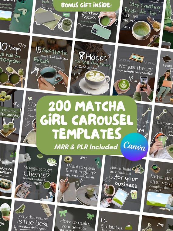 200 Matcha It Girl Instagram Carousel Templates: MRR PLR Canva Social Media Manager Kit, Digital Product Resell Rights, Personalize In Canva