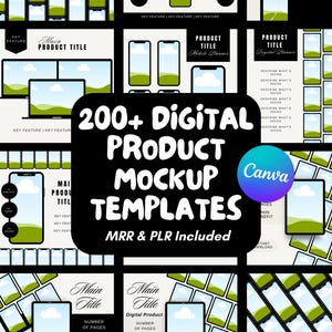 May include: An image promoting over 200 digital product mockup templates. The design includes mockups of phones, tablets, and laptops with green landscape backgrounds. Text includes "200+ DIGITAL PRODUCT MOCKUP TEMPLATES" and "MRR & PLR Included."
