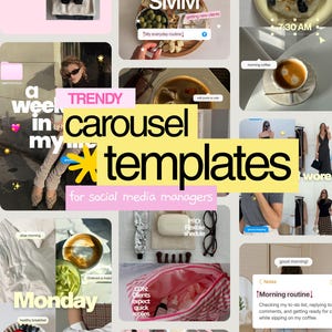 Op de afbeelding: Een digitale collage van social media carrousel-sjablonen met diverse lifestyle-afbeeldingen, waaronder koffie, eten en dagelijkse routines, met gele tekstoverlays die TRENDY carousel templates voor social media managers weergeven.