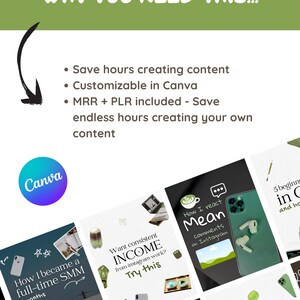 May include: A promotional graphic with the text "WHY YOU NEED THIS..." and bullet points about saving time creating content. The image includes a Canva logo and examples of social media marketing templates.