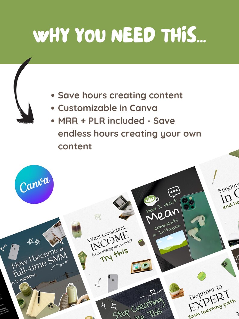 May include: A promotional graphic with the text "WHY YOU NEED THIS..." and bullet points about saving time creating content. The image includes a Canva logo and examples of social media marketing templates.