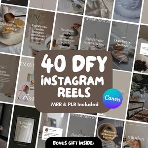 Può includere: Una raccolta di modelli di Reels di Instagram con il testo "40 DFY INSTAGRAM REELS" in un quadrato marrone. I modelli includono il testo "MRR & PLR Included" e "Canva". Il testo aggiuntivo include "Bonus Gift Inside!"