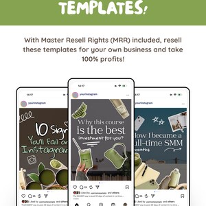 May include: An advertisement promoting templates for resale, featuring three smartphone screens displaying Instagram posts. The text reads "RESELL THESE TEMPLATES!" and "With Master Resell Rights (MRR) included, resell these templates for your own business and take 100% profits!"