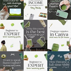 May include: A collage of images with text promoting online courses. The images feature matcha drinks, laptops, phones, and handwritten text. The text includes phrases like "Beginner to EXPERT," "Instagram Content Creation," and "Want consistent INCOME."
