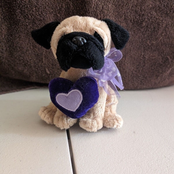 E&J Classic Puggle Dog Plush Stuffed Animal Puppy Beige Puglet Purple Heart Bow