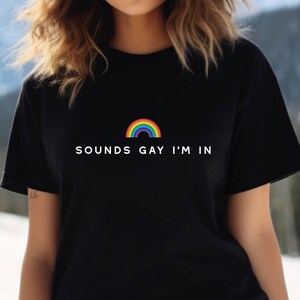May include: A black t-shirt with a rainbow graphic and the text 'SOUNDS GAY I'M IN'.