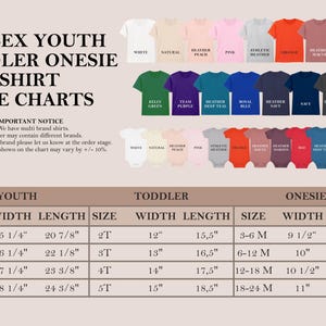 K&ouml;nnte beinhalten: Eine Gr&ouml;&szlig;entabelle f&uuml;r Unisex-Jugend-, Kleinkind- und Baby-Bodys. Das Bild zeigt verschiedene Farbmuster f&uuml;r jeden Kleidungsst&uuml;cktyp sowie eine Tabelle mit Breiten- und L&auml;ngenma&szlig;en in Zoll f&uuml;r die Gr&ouml;&szlig;en S-XL, 2T-5T und 3-24 Monate.