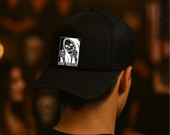 Funny Skeleton Halloween Trucker Cap Spooky Season Halloween Gift Halloween Snapback Trucker Hat Halloween Party Stay Positive Spooky Vibes