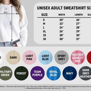 K&ouml;nnte beinhalten: Ein wei&szlig;es Unisex-Sweatshirt mit einer Gr&ouml;&szlig;entabelle, die Ma&szlig;e in Zentimetern anzeigt. Die Tabelle listet die Gr&ouml;&szlig;en S bis 3X auf, mit Breiten von 50.8cm bis 76.2cm und L&auml;ngen von 66cm bis 78.7cm. Farben: Wei&szlig;, Sand und Schwarz.