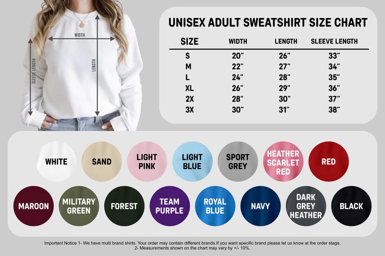 K&ouml;nnte beinhalten: Ein wei&szlig;es Unisex-Sweatshirt mit einer Gr&ouml;&szlig;entabelle, die Ma&szlig;e in Zentimetern anzeigt. Die Tabelle listet die Gr&ouml;&szlig;en S bis 3X auf, mit Breiten von 50.8cm bis 76.2cm und L&auml;ngen von 66cm bis 78.7cm. Farben: Wei&szlig;, Sand und Schwarz.