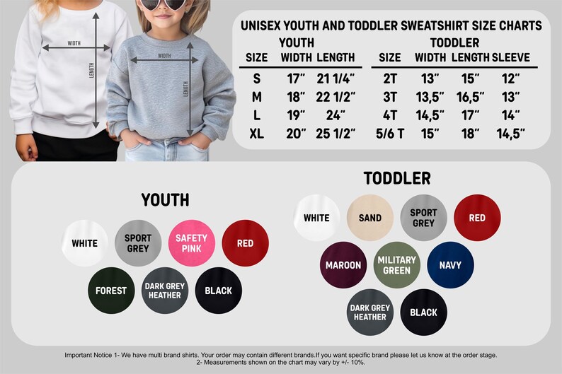 K&ouml;nnte beinhalten: Gr&ouml;&szlig;entabelle f&uuml;r Sweatshirts f&uuml;r Jugendliche und Kleinkinder. Die Ma&szlig;e sind in Zentimetern angegeben. Farboptionen sind Wei&szlig;, Sportgrau, Sicherheitsrosa, Rot, Wald, Dunkelgrau-Melange und Schwarz.
