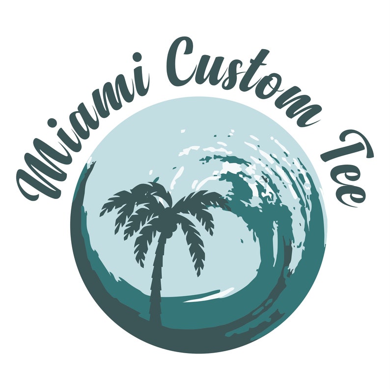 May include: A logo for "Miami Custom Tee" featuring a palm tree silhouette inside a teal and blue wave design. The text "Miami Custom Tee" is written in a cursive font around the wave.
